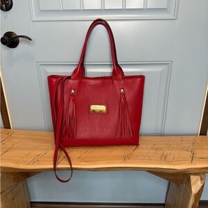 Red Leather Tote with Gold Hardware and Fringe